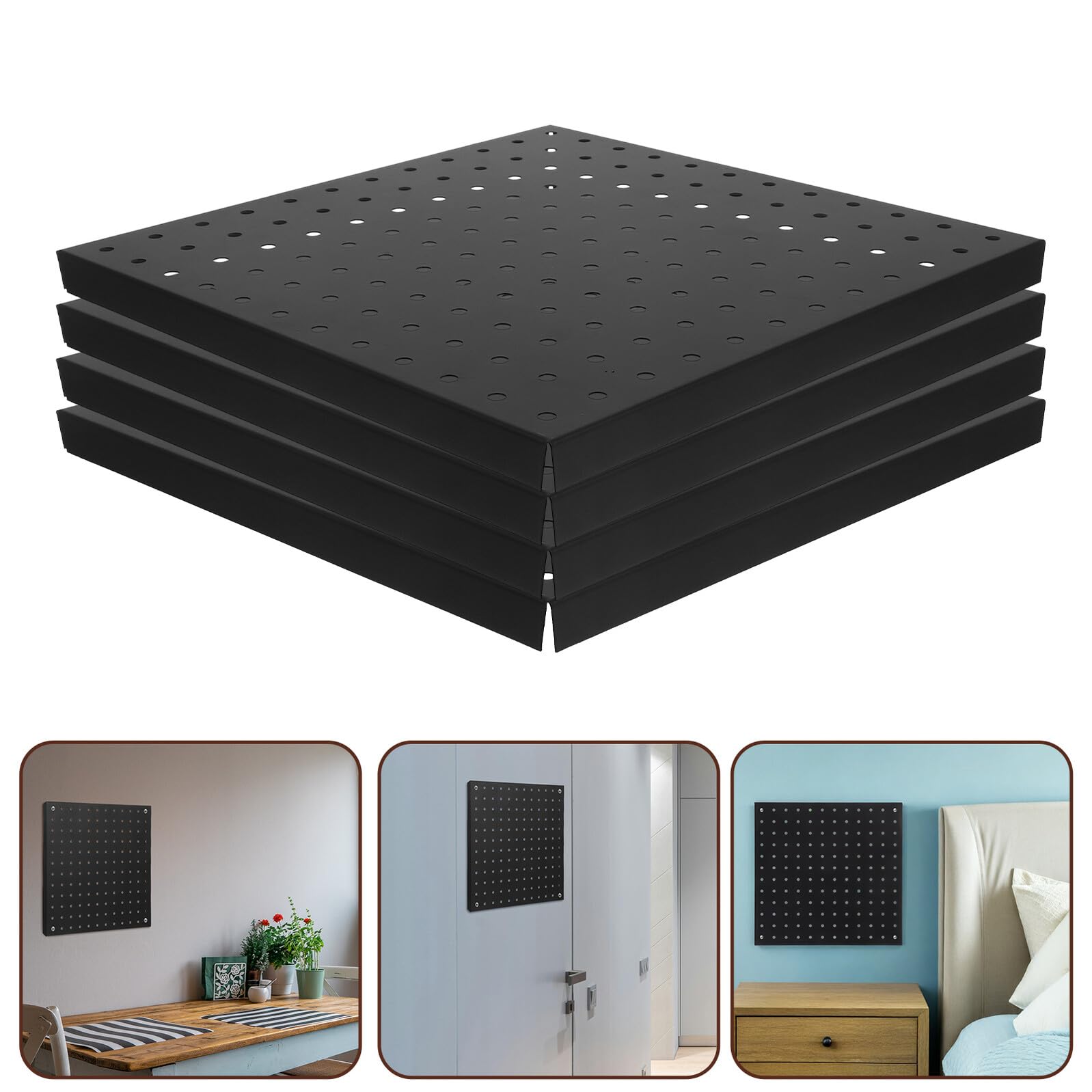 Beaupretty 4 piezas Paneles Metálicos Perforados Organizador de Pared para Herramientas Resistente Montaje Rápido para Garaje Cocina Oficina y Taller Color Negro Cuadrados