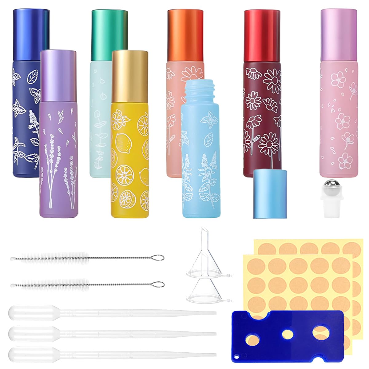 8PCS Flacons Roll-on en Verre 10 ml Flacons Roll-on pour Huiles Essentielles avec 2 Goupillons et 25 Étiquettes Flacon en Verre Vides de 10 ml Flacon Roll-on avec Bille en Acier Inoxydable