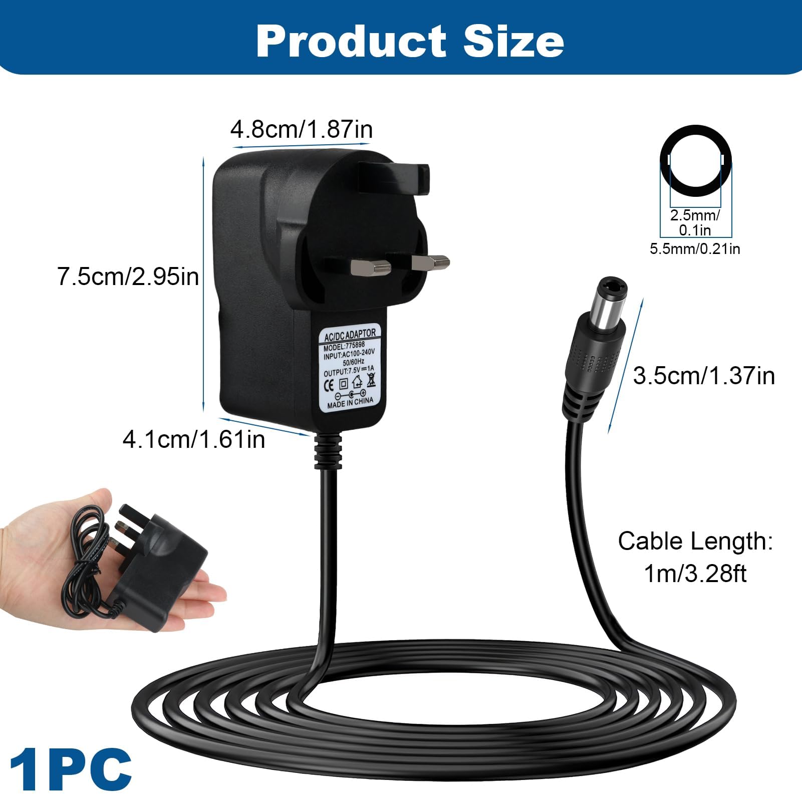 7.5V Radio Mains Adaptor for Roberts Elise, DC 1A Replacement Power Supply Charger for Roberts Elise DAB/FM/RDS Play20 for Gemini45/59 Revival iStream2 Digital Radio with 1M/3.3ft Cable and UK Plug — view 3