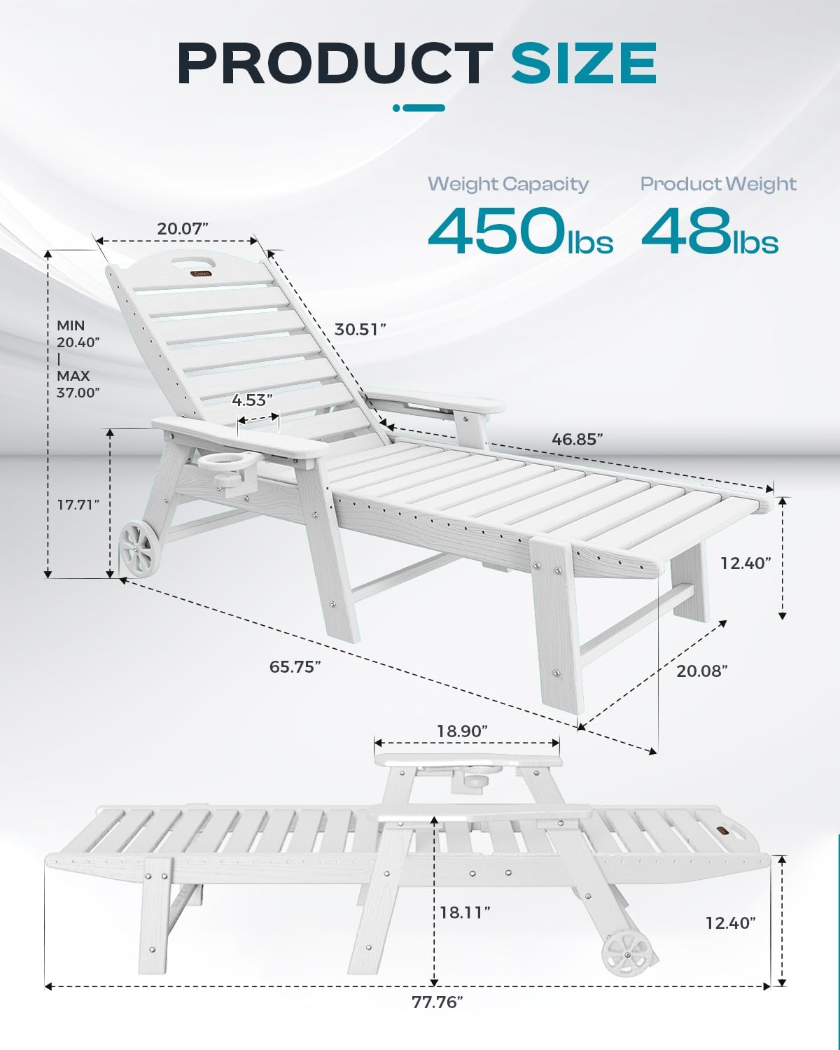 Ciokea Lounge Chair Outdoor, Oversized Chaise Lounge Chair with 5 Positions, HDPE, Patio Lounge Chair with Wheels & Cup Holder for Pool, Deck, Poolside, White