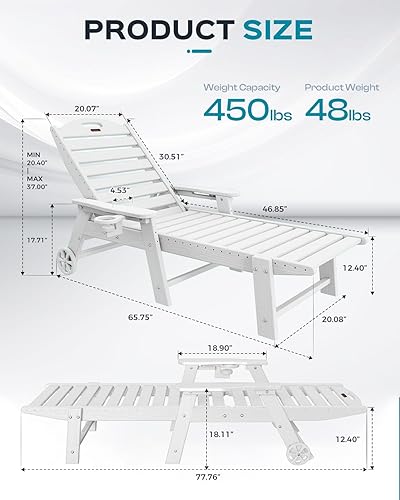 Miniatura 3 de Tumbona de exterior extragrande con 5 posiciones, de polietileno de alta densidad (HDPE), con ruedas y portavasos, para patio, terraza, piscina