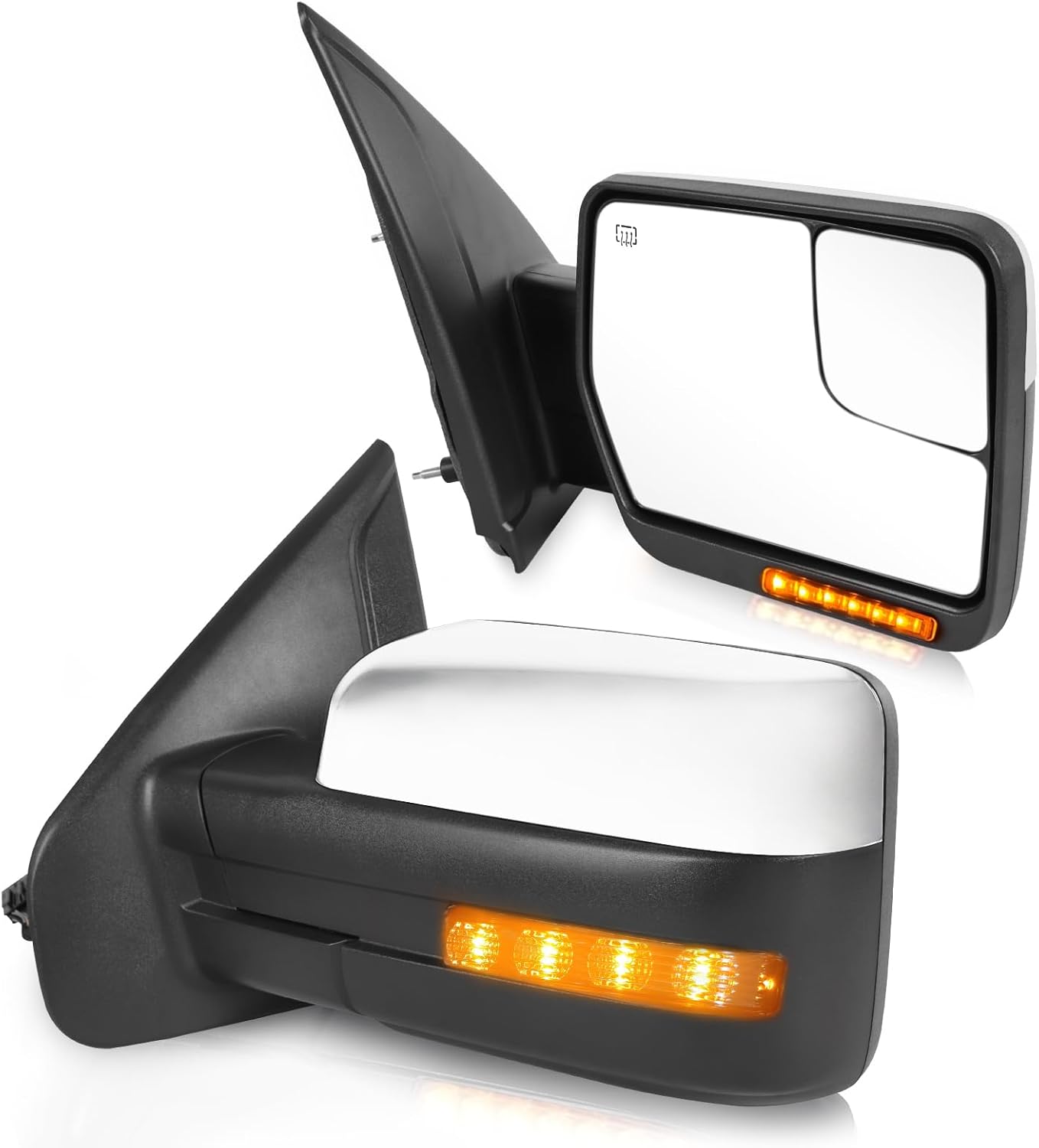 JDMSPEED Pair Driver & Passenger Side Tow Mirrors Compatible with Ford F-150 2004-2014 with Heated Power Glass Manual Folding Turn Signal Puddle Light(Chrome)