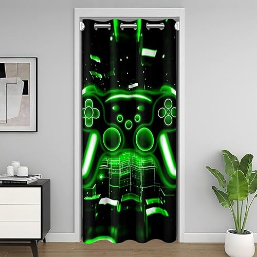 Miniatura 14 de Erosebridal Cortina opaca para puerta y ventana de gamer, cortinas opacas para dormitorio, juegos de Game Boy con luces hexagonales verdes, cortinas