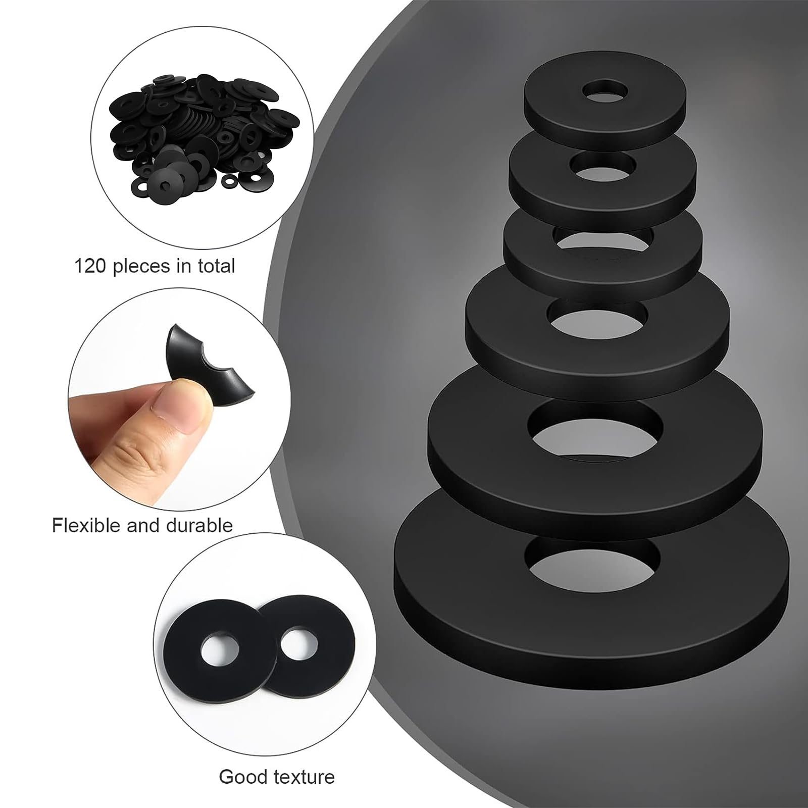 MisFun Rubber Flat Washers Set, 120 Pieces, 6 Sizes (10 x 5 mm, 12 x 6 mm, 16 x 8 mm, 20 x 8 mm, 25 x 10 mm, 30 x 10 mm) - Image 3