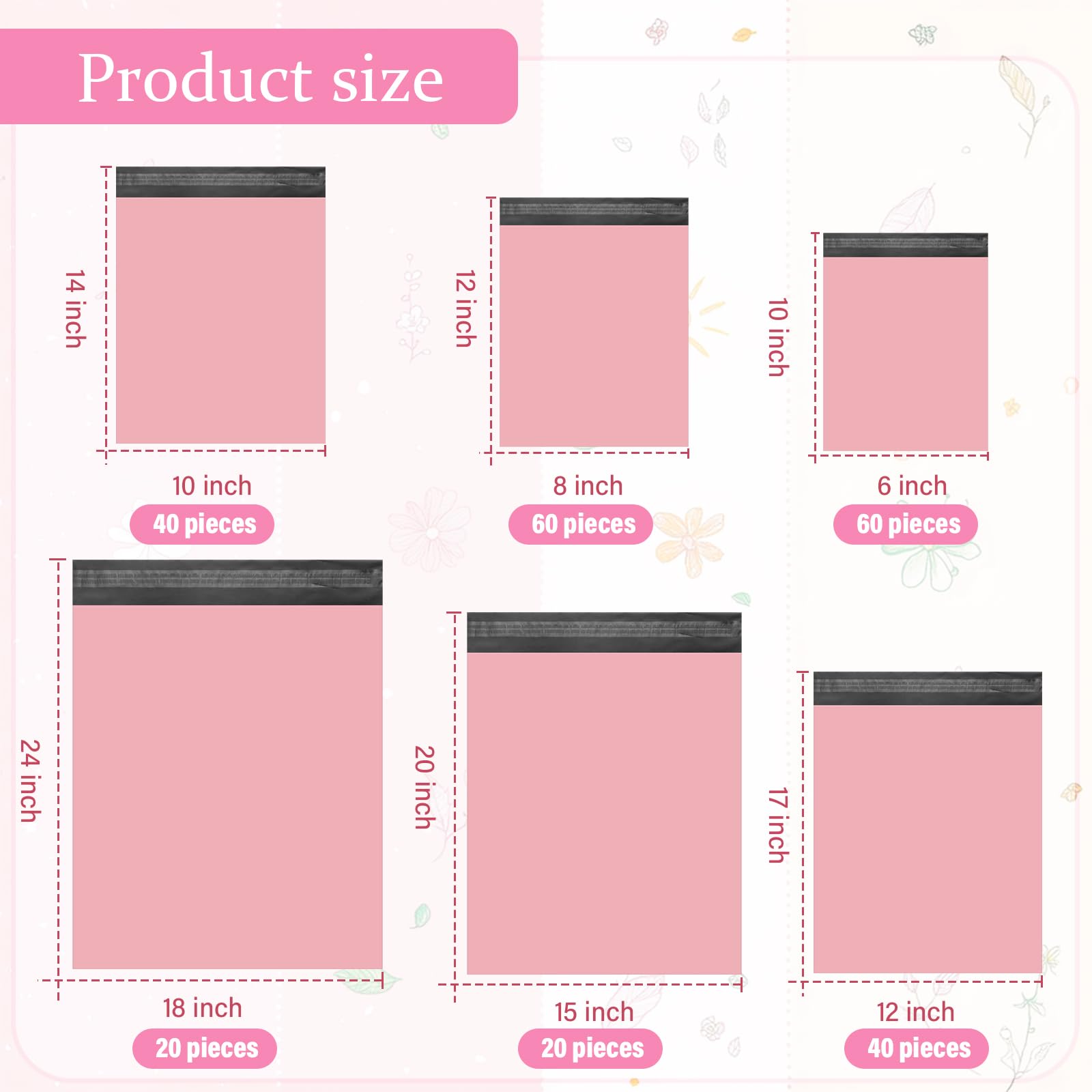 Outus Lot de 240 enveloppes d'expédition autocollantes en polyéthylène de 6 tailles assorties, imperméables et indéchirables pour vêtements, livres, cadeaux (rose)