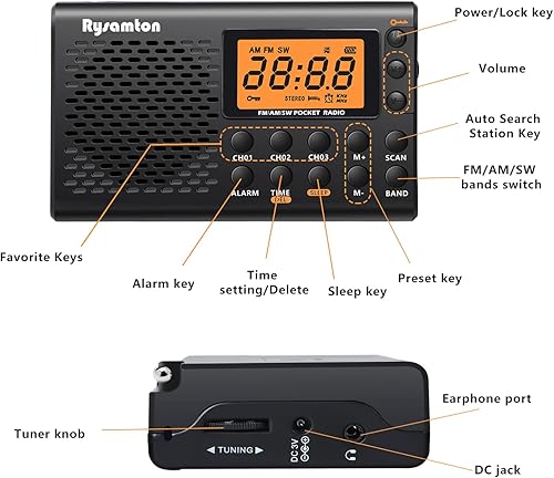 Miniatura 6 de Radio portátil AMFMonda corta, radios de bolsillo con pilas, pantalla digital grande, radio reloj con alarma y función de sueño, auriculares