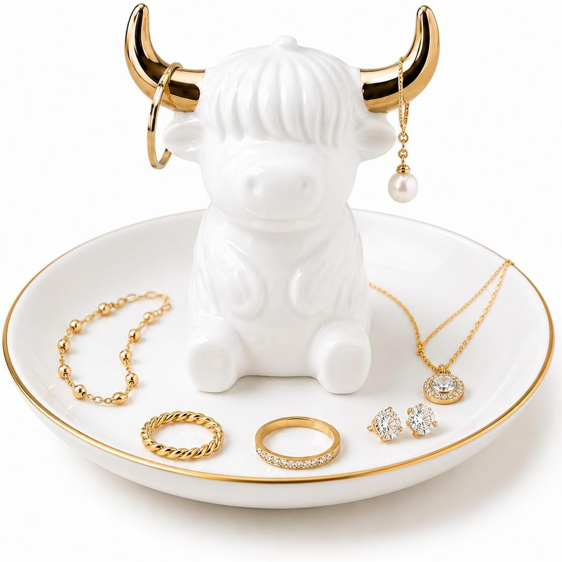 Highland Cow Ring Holder Cute Ceramic Jewelry Dish Highland Cow Decor Dish Tray Trinket Tray for Bathroom Jewelry Plate Ring Dish for Girls Women Christmas Home Decor for Bathroom(White&Gold)