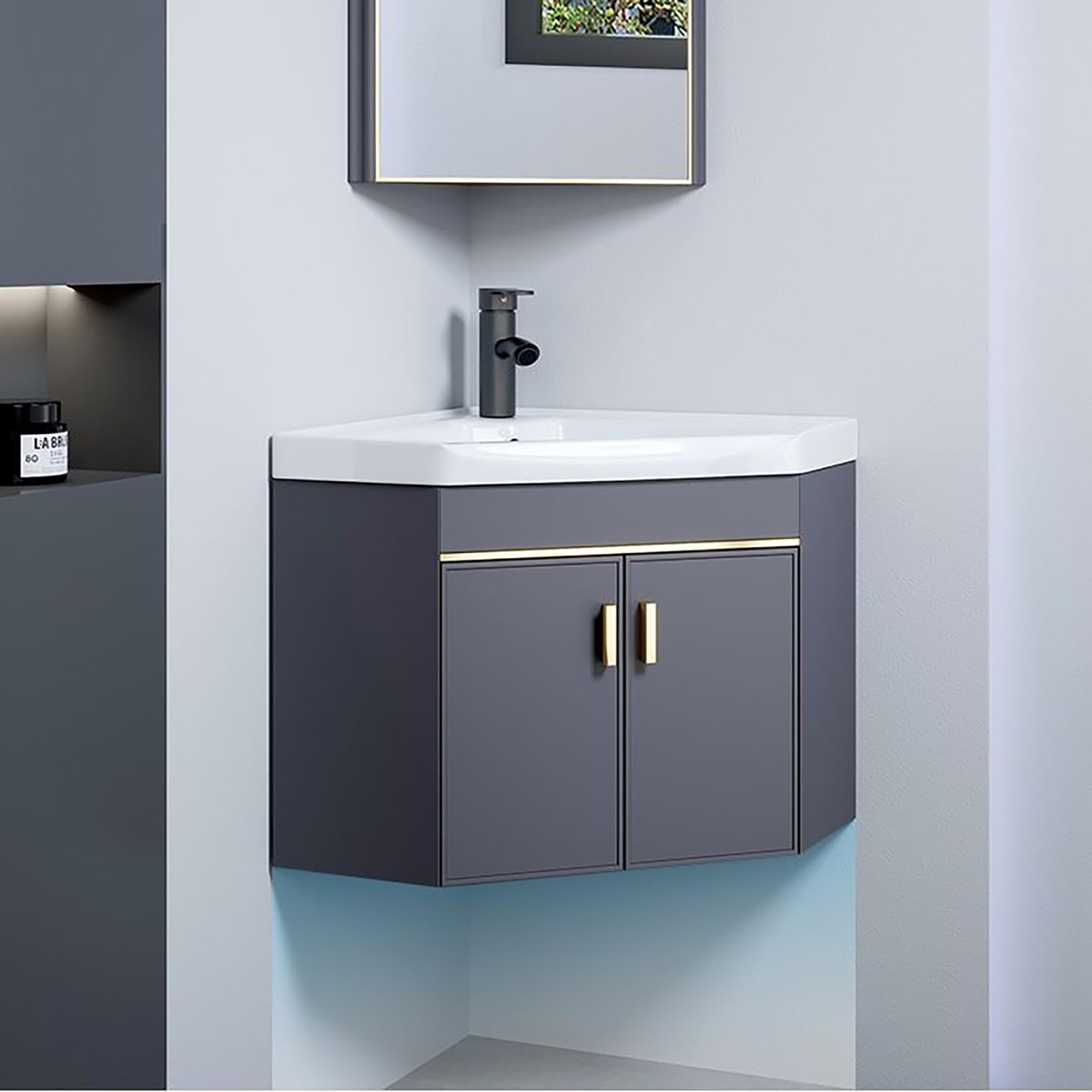 – Corner Sink, Compact Freestanding Vanity Unit, Small Ceramic Laundry Tub Combo, Triangular Wall Hung Wash Basin for Bathroom and Toilets, Wall Mount Vessel Sink