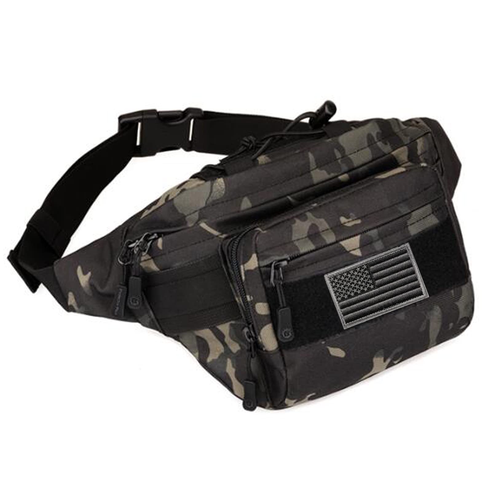 SOWHUP Tactical Fanny Pack,Military Waist Bag Pack with U.S Patch Utility Hip Belt Bumbag for Outdoor Fishing Hiking (Black c(4 Zipper Pockets))