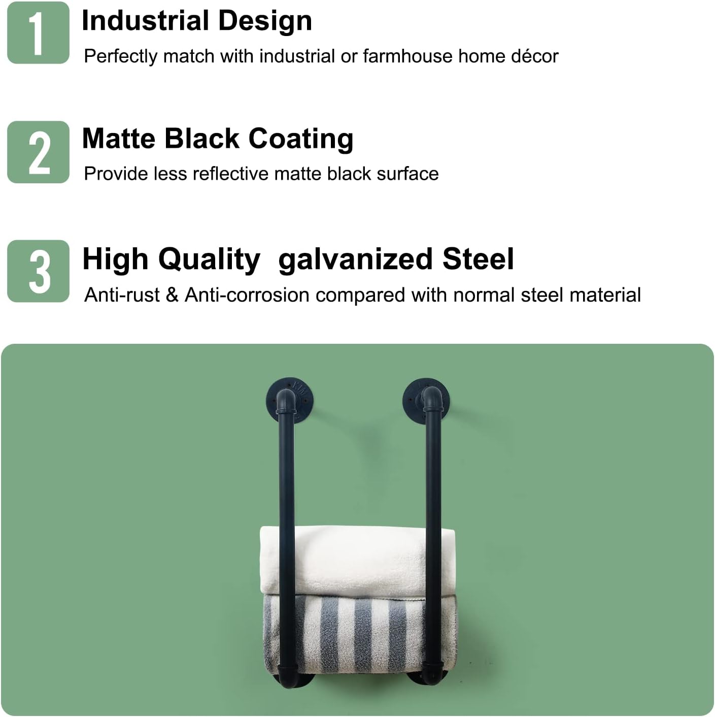 HouseAid Industrial Pipe Towel Rack, Farmhouse Bathroom Towel Storage Holder, Vintage Style Towel Organization, Wall Mounted, Matte Black