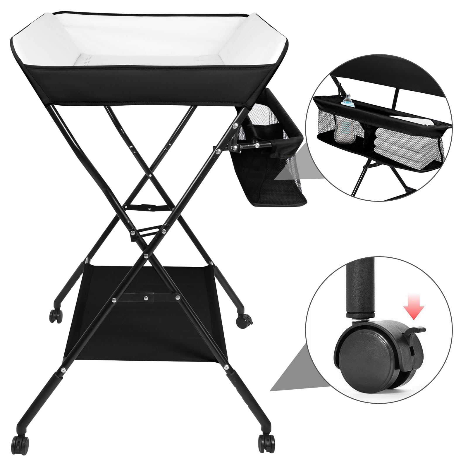 Table a Langer Pliante pour Remplacement de la couche,Table a Langer Pliante avec Ceinture de Sécurité et Panier de Rangement, jusqu'à 25 kg,86 * 62 * 96 cm-noir