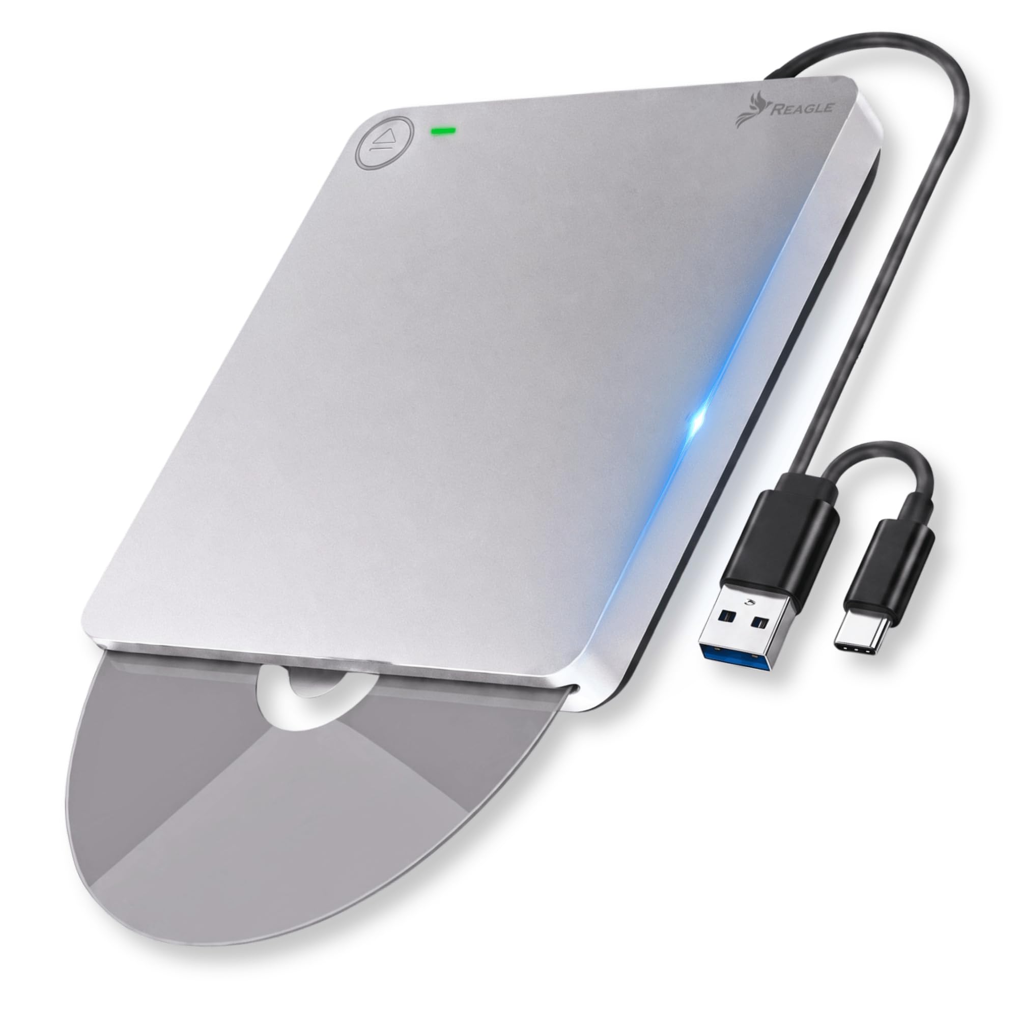 Reagle Lecteur Graveur CD DVD Externe Slot-in USB-C USB-A 2-en-1, USB 3.2 Gen 1 5 Gbit/s, CD 24x DVD 8X, Câble Intégré, Plug & Play pour PC Portable, Windows macOS Linux, Argent