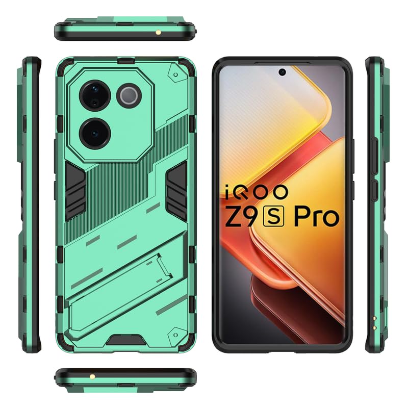 Image of Rugged Hard Back Case Cover for Vivo T3 Pro - Military-Grade Armor with Screen & Camera Guard, Dual-Layer Shockproof Design, Raised Edges, and Built-in Kickstand - Emerald Green