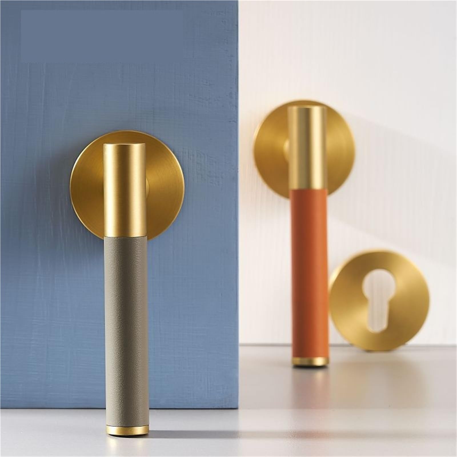 Serratura a leva per porta in pelle e ottone, per interni in legno, 1 pezzo (DUMMY-Grey)