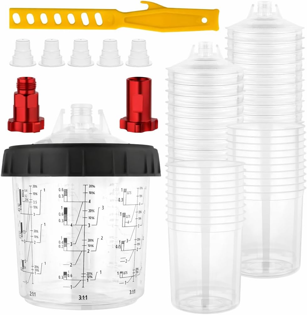Disposable Paint Cups for Spray Gun, 20oz/600ml Paint Mixing Cup System with 20 Liners & 20 Filter Lids, 125 Micron, 2 Adapters, Hard Cup, Plugs & Sealing Ring for Auto Paint
