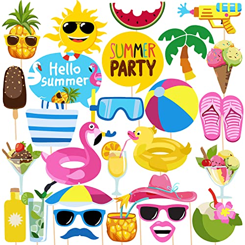 Zyozique 28 Summer PhotoBooth Props - Pool & Beach Party Favors for Baby Shower, Birthday & Hawaii Props