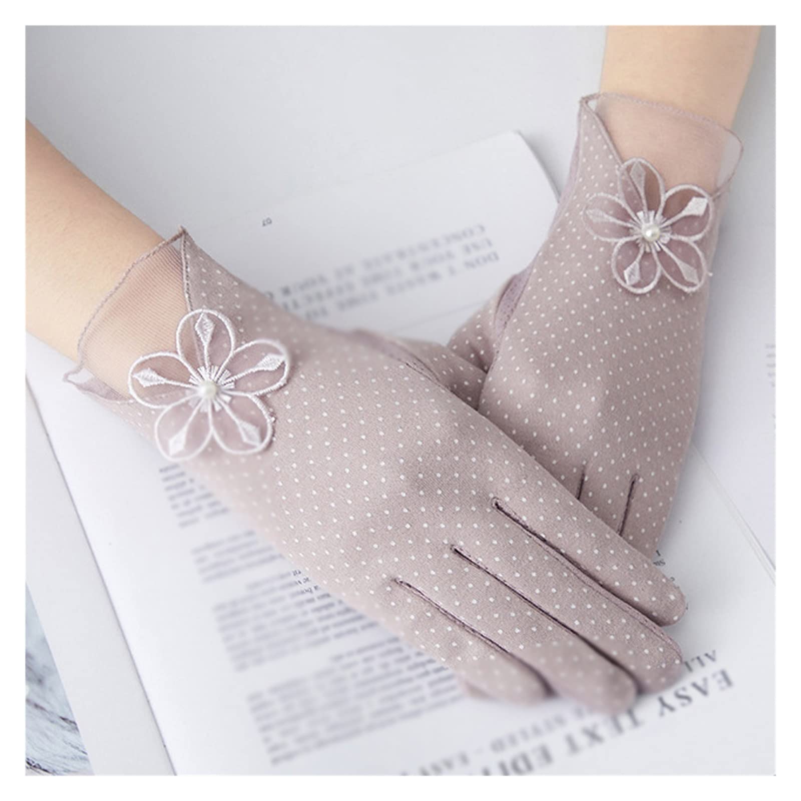 Guantes de algodón finos con encaje de flores y dedos táctiles para verano