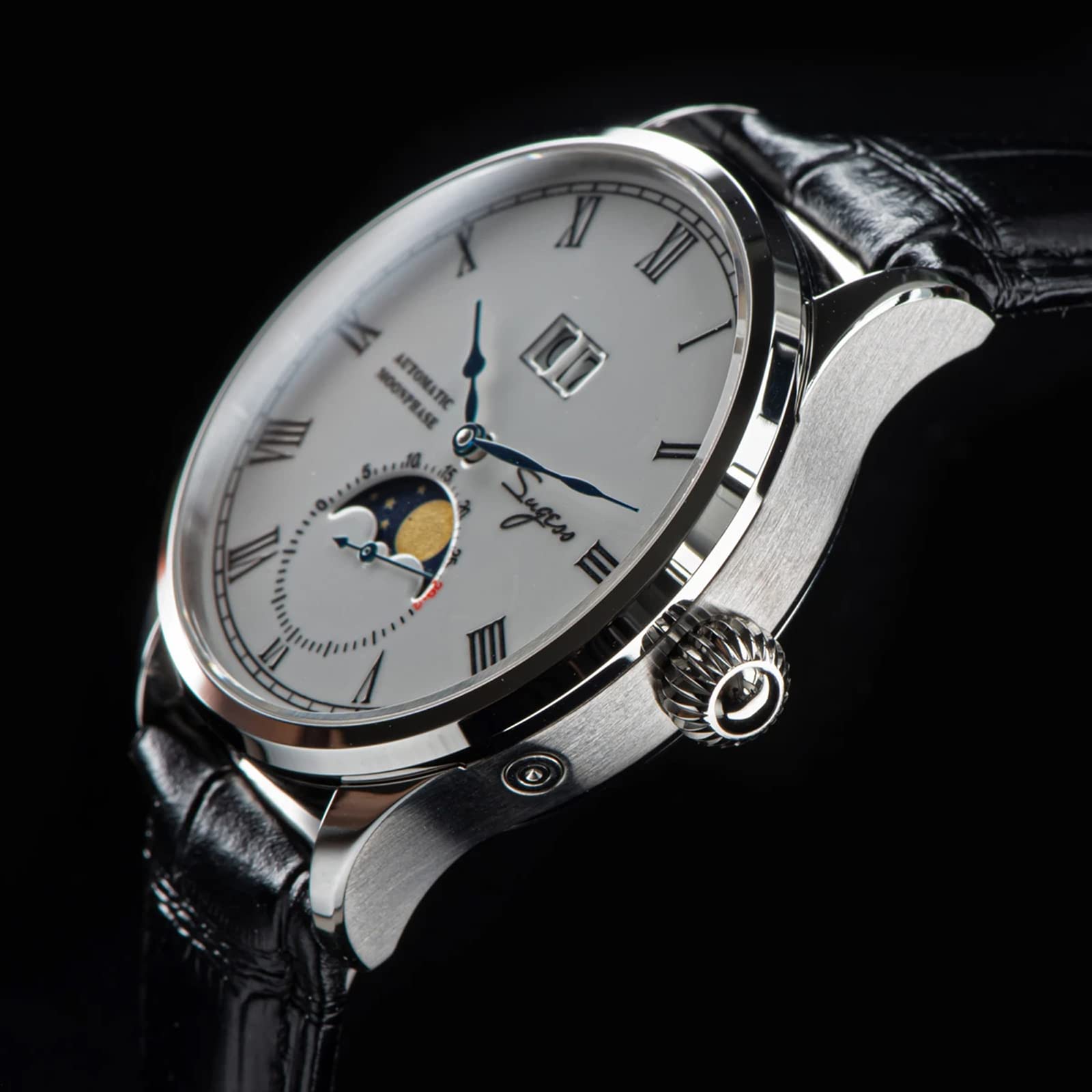Sugess SU2528SS MoonPhase Master Seagull ST2528 Movimiento zafiro cristal reloj mecánico automático de los hombres 1963, negro, 41mm, Correa