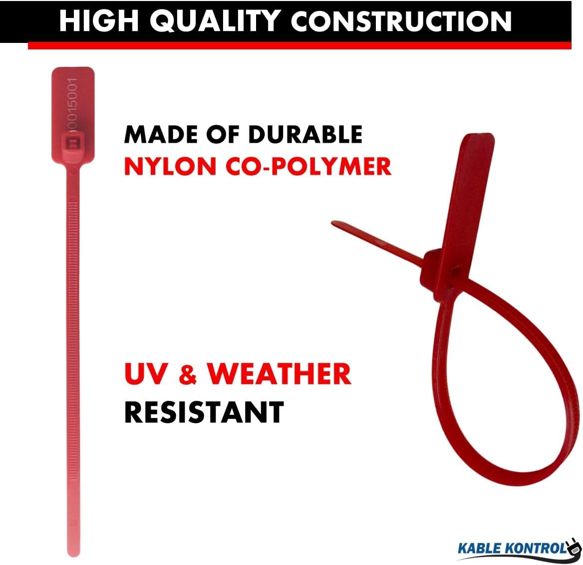 Kable Kontrol Serialized Flag Numbered Cable Zip Ties, 6 Inch 100 Pcs High Strength Nylon, UV & Weather Resistant, Tamper-Resistant with Large ID Tag for Industrial & Residential Use - Red