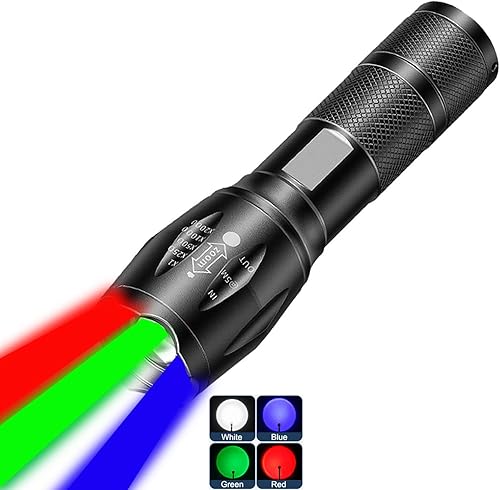 Linterna recargable roja 4 en 1, linterna LED multicolor (blancorojoazulverde) con 4 modos, linterna con zoom de alto lúmenes para camping,