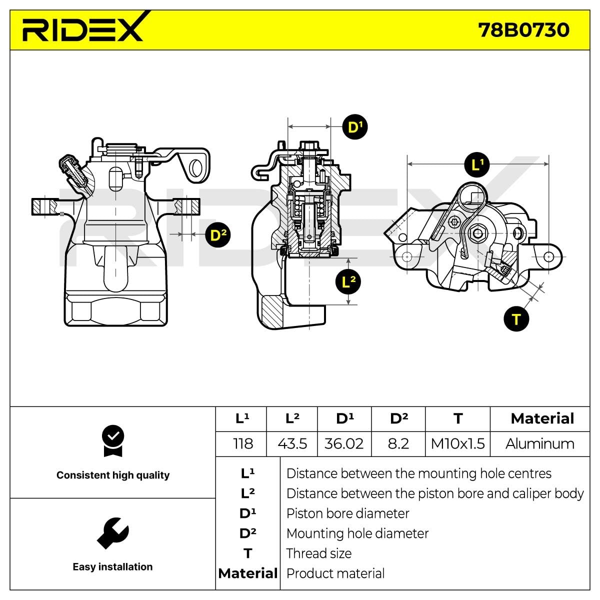 RIDEX 78B0730 Pinza de freno Trasero Derecha Trasero sin soporte Compatible con OPEL Astra H Caravan A04