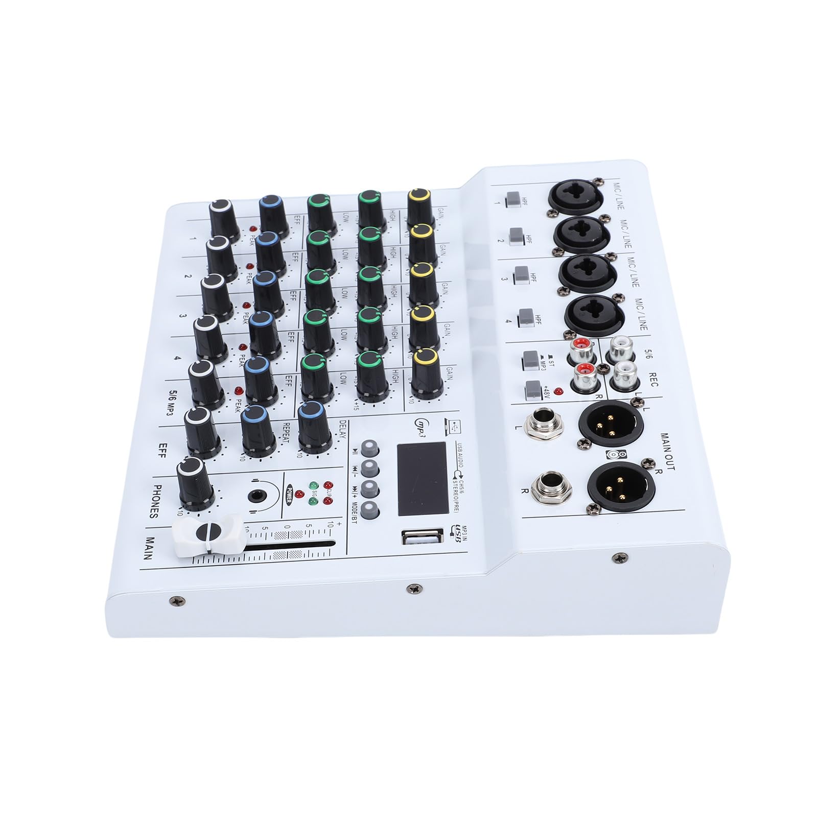 Walmeck 6-Kanal-Mini-Soundmixer, DJ-Controller, Professionelle Aufnahme-Soundkarte mit BT-MP3-Player, 48 V Phantomspeisung, Integrierter Gitarrenverstärker, Tragbare Mischkonsole für (Weiß)