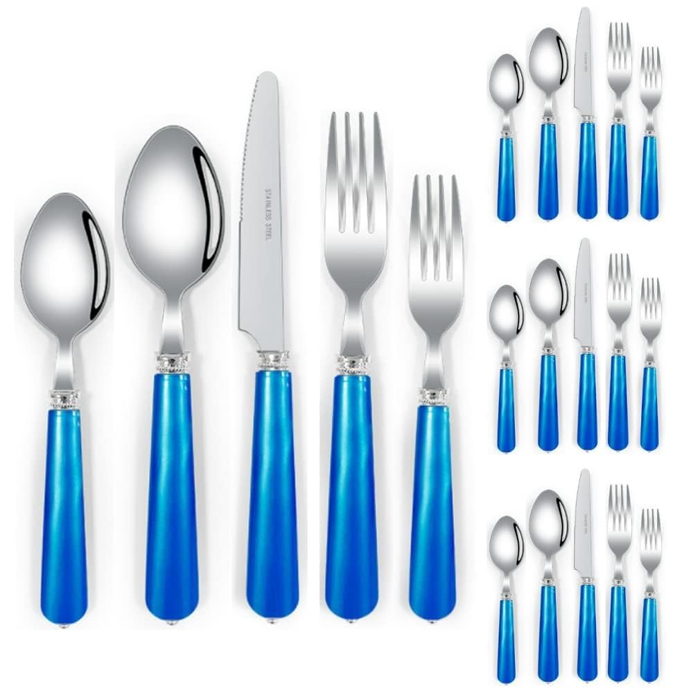 ABS Perla Maniglia Cucina Acciaio Inossidabile Posate Stoviglie Posate Set Coltello Da Bistecca Forchetta Cucchiaio Cucchiaino Utensili (Blu,20 pezzi)