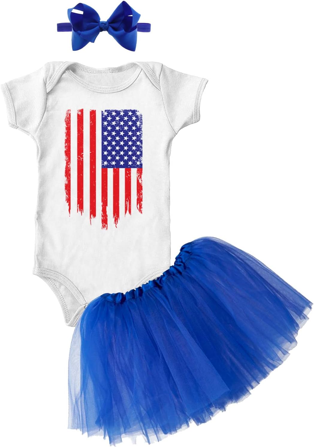 Distressed American Flag - USA Pride Baby Bodysuit + Tutu Skirt + Bow Headband Set