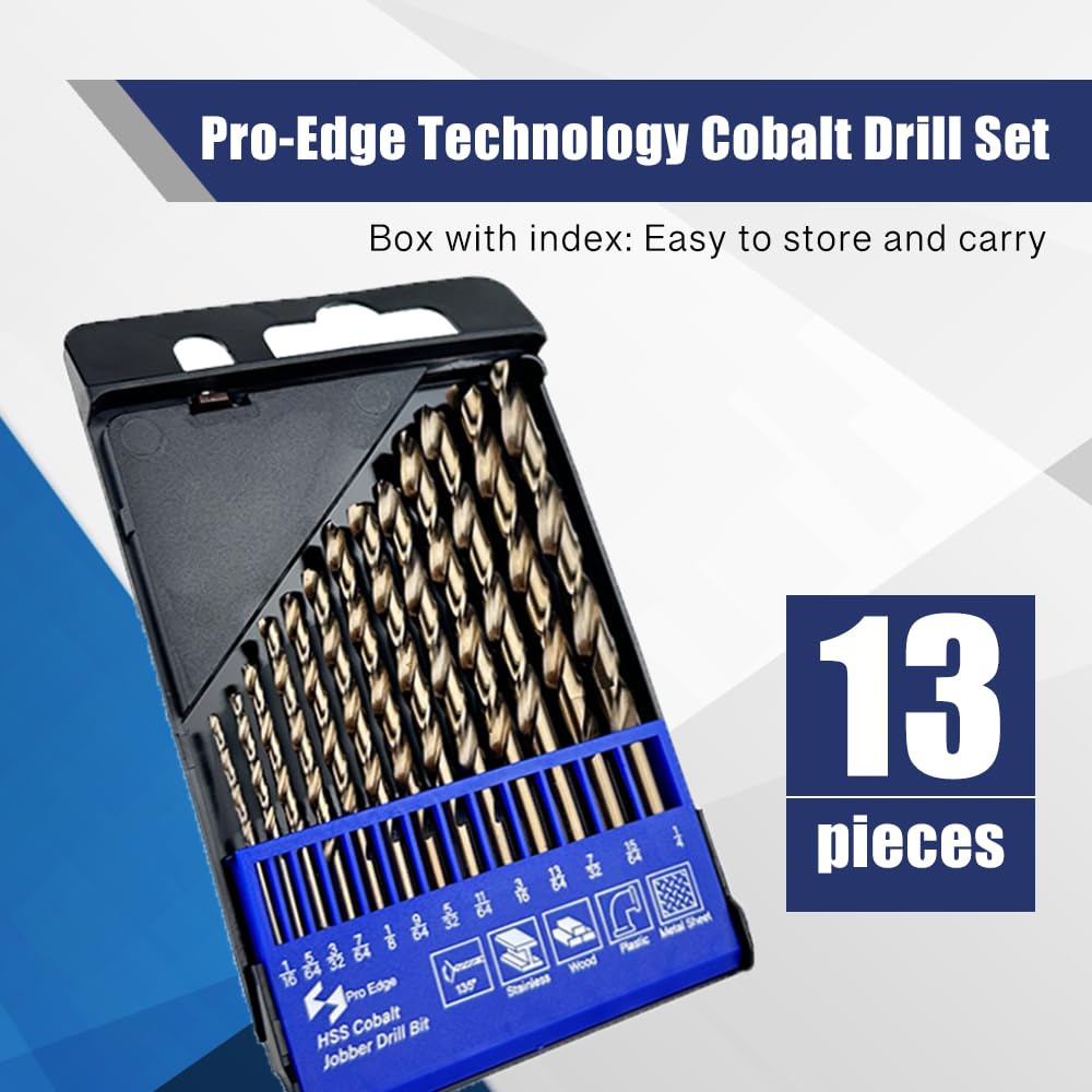 13pcs Cobalt Drill Bits Set, M35 High Speed Steel 135 Degree Tip Twist Jobber Drill Bits Set for Hardened Metal Stainless Steel Cast Iron Wood Plastic with Index Storage Box (1/16"-1/4")