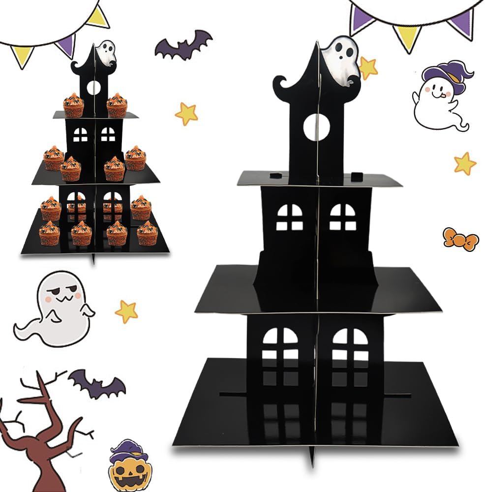 Soporte de 3 niveles para cupcakes de Halloween, castillo de Halloween, soporte redondo de cartón, torre de postre, torre de árbol de postre para