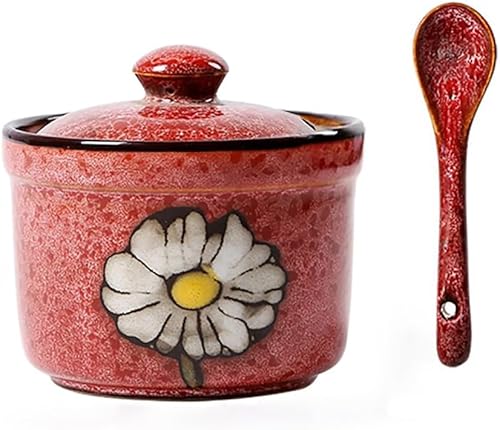 Ceramics Retro Flower Azucarero con tapa y cuchara, 5.5 onzas, color rojo