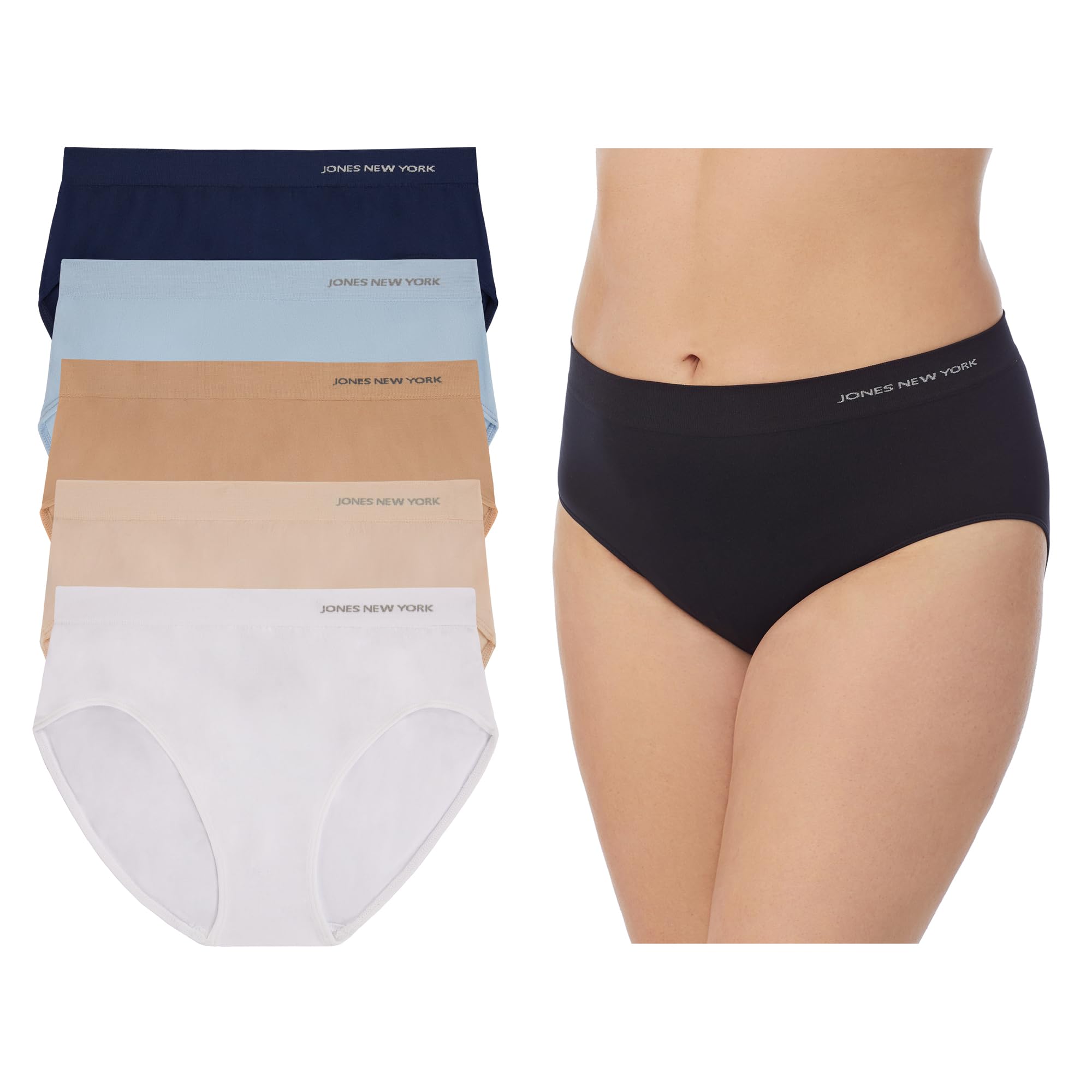 Jones New York Underwear for Women High Cut Brief Full Coverage Seamless Stretch Comfort Panties - 5 Pack Multipack
