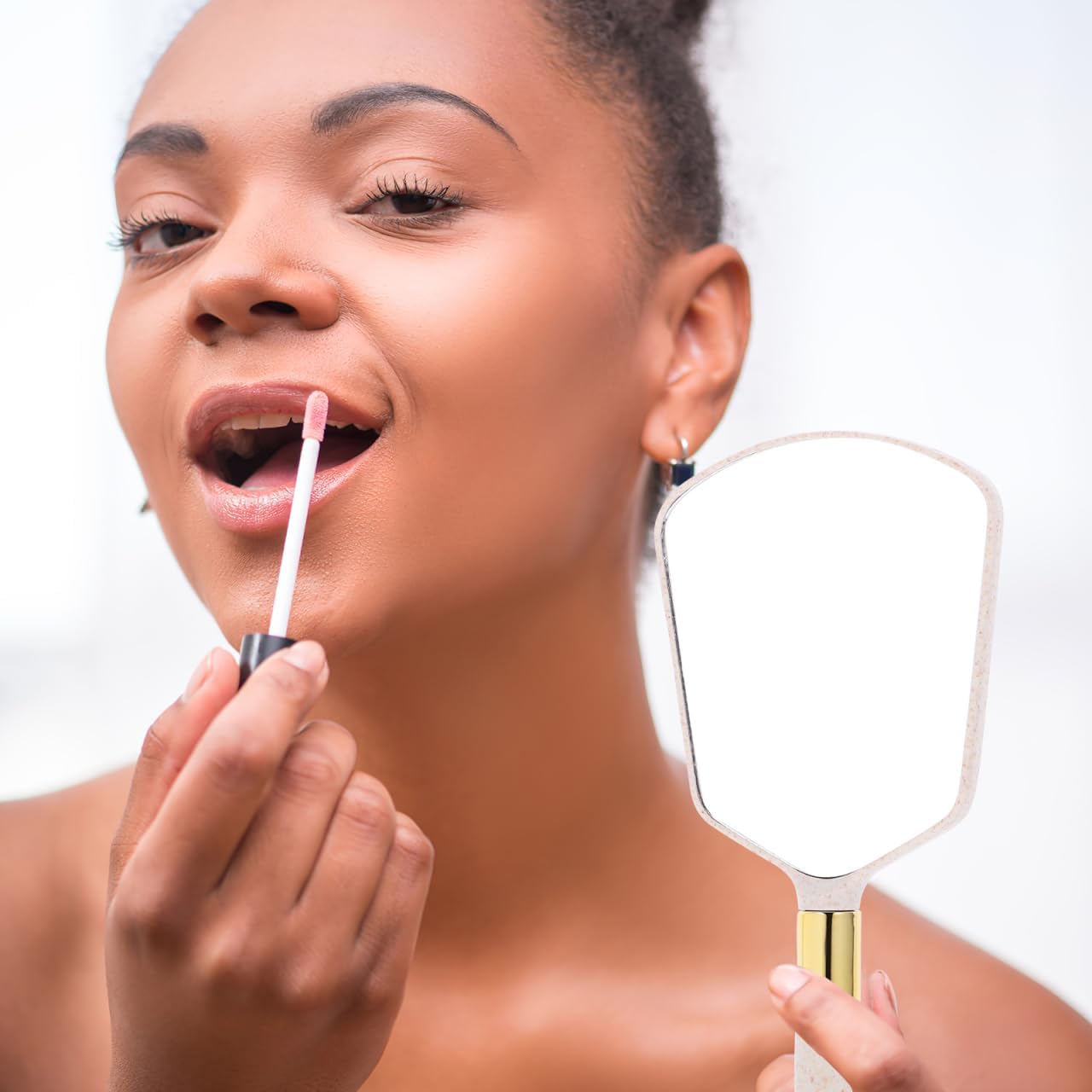 KALLORY Handheld Makeup Mirror with Handle Small Durable Abs and Glass Cosmetic Mirror for Travel Purse Grooming and Home Use