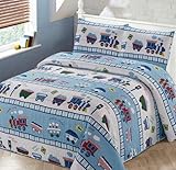 Luxury Home Collection 2 Piece Twin Size Quilt Coverlet Bedspread Bedding Set for Kids Teens Boys Girls Trains Light Blue White Green Red Yellow