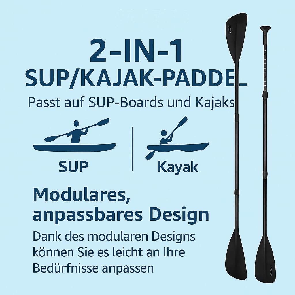 TRIZAND 2 in 1 SUP & Kayak Paddle – Regolabile 163 – 229 cm – 4 pezzi – Leggero e robusto – Alluminio + Nylon – per paddleboard & kayak – Nero