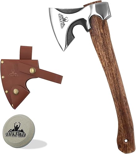 Hacha de camping - Hacha de corte con funda de cuero, hacha forjada de acero al carbono de 13.8" para cortar y partir leña, ideal para supervivencia
