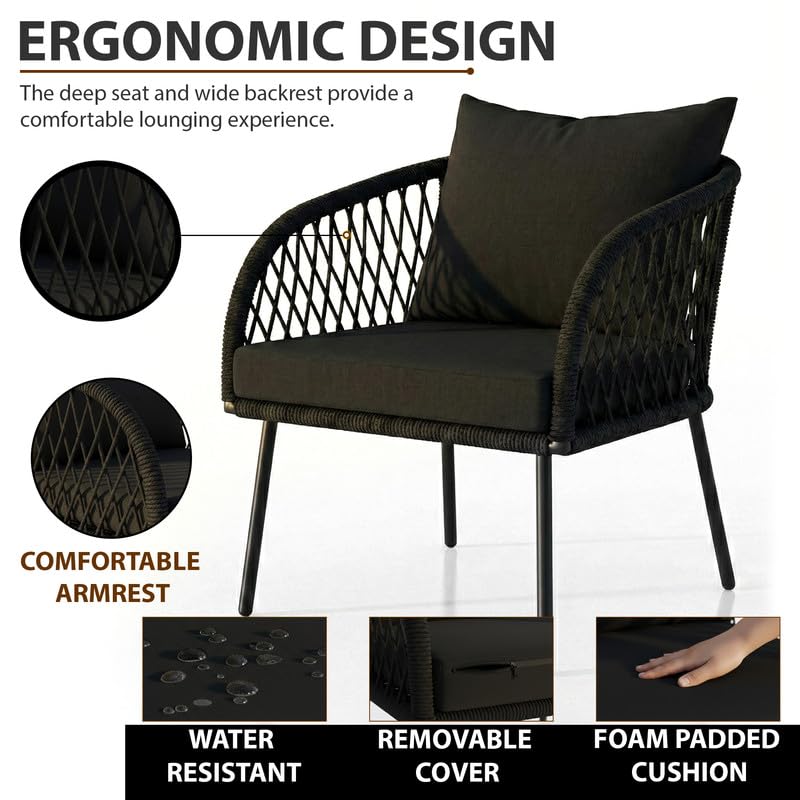 Image of OUTLIVING Braid Rope & Metal Frame Outdoor 4-Seater Sofa Set with Tempered Glass Top Center Table, Water-Repellent Cushions & Handwoven Design for Patio, Garden and Balcony (Black)