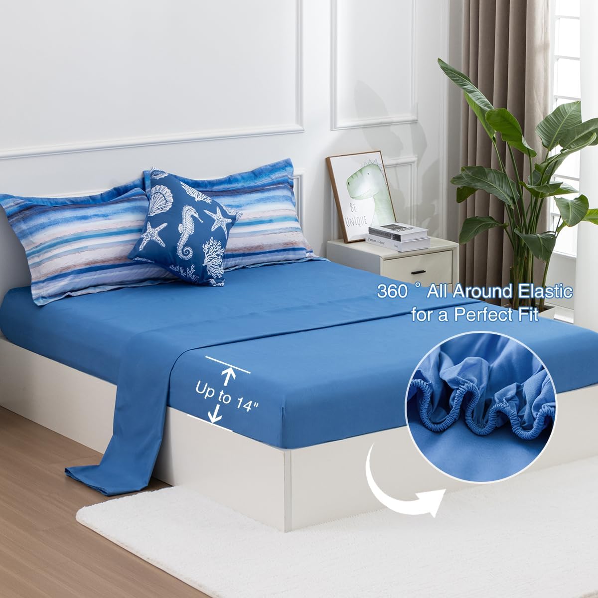 Holawakaka All-Season 6-Piece Nautical Bedding Set King – Complete Beach Stripe Comforter Set with Sheets & Shams