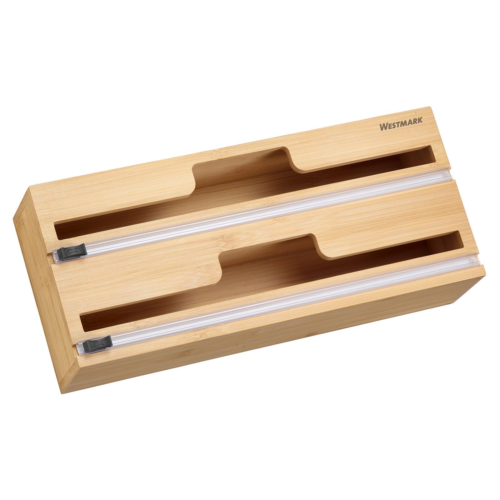 Westmark Dispensador de lámina con cortador – dispensador de papel de aluminio y film transparente, corte de papel sin esfuerzo y sin rasgar, rollos de hasta 31 cm – bambú