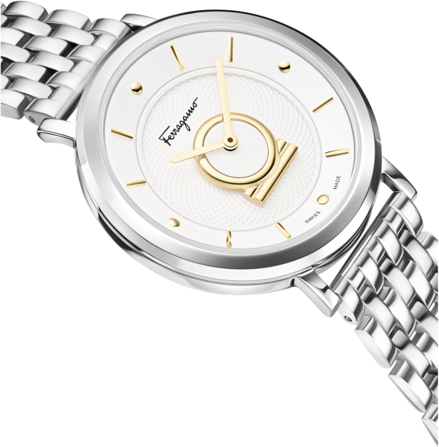 Ferragamo Minuetto Collection Luxury Womens Watch Timepieces with a Silver Bracelet Featuring a Stainless Steel Case and a White Dial