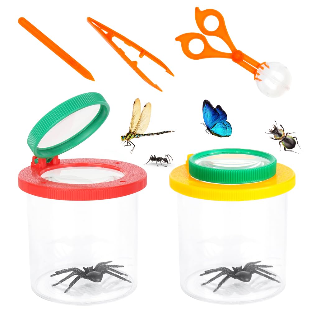 CLIUNT Caja De Insectos De Aumento, 2PCS Caja de Observación de Insectos Niños, Juego de lupas para niños con Tijeras e Pinzas para Exterior, Ciencia, Naturaleza, exploración