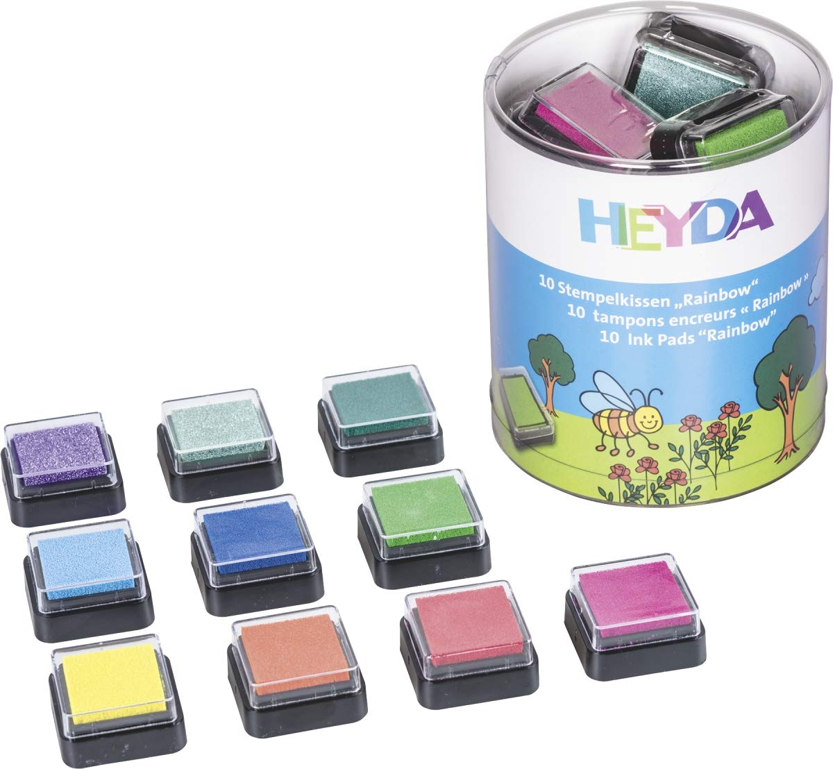 Heyda 204888470 Heyda 204888470 zestaw mini poduszek do stempli (Rainbow) 3 x 3 cm, 10 kolorów posortowanych
