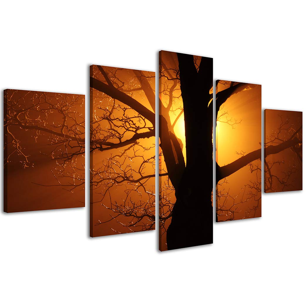 Prints on Canvas Landscape Sunset 196 Modern Paintings in 5 Pre-Framed Panels, Ready to Hang, 200x90cm