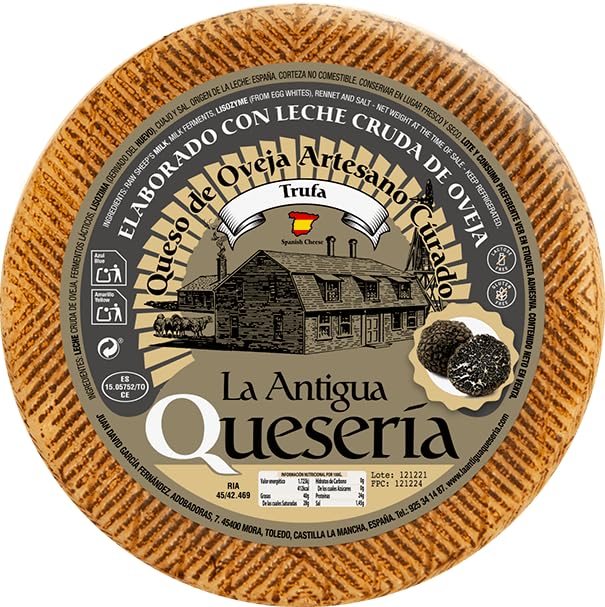 La Antigua Quesería Queso Artesano Curado de Oveja con Trufa, Leche Cruda, Maduración 6 Meses, PIEZA COMPLETA 3 kg