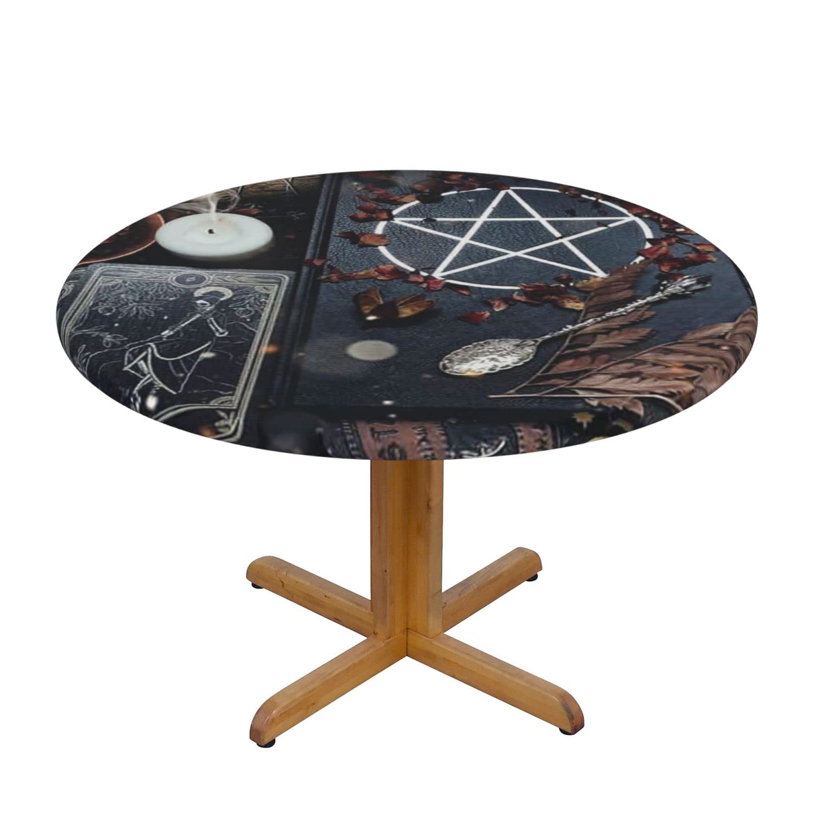 Lsjuee Round Fitted Tablecloth 40-44in Elastic Edged Table Cloth for Kitchen Dining Party Home Decor - Witchcraft Divination Pentagram