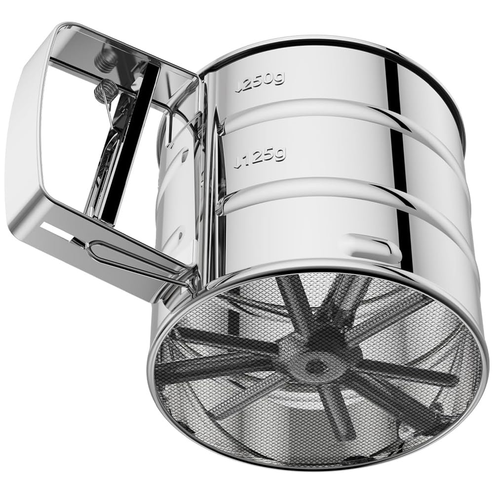 IJSDNVJNDX Flour Sifter with Double-Layer Fine Mesh, Stainless Steel for Baking Tool- One-Hand Flower Powder Dispenser for Baking Applications