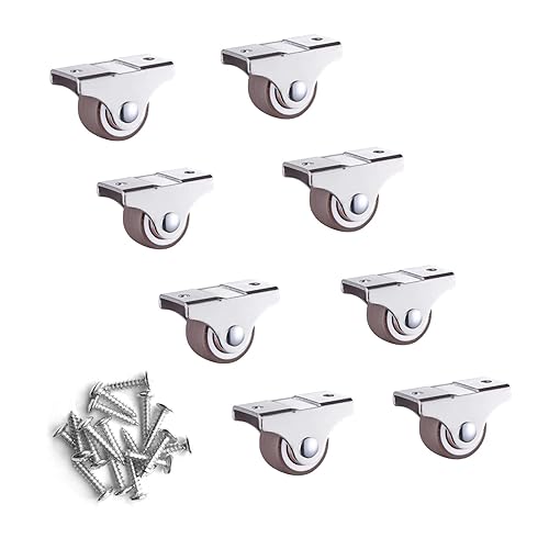 8 ruedas giratorias fijas de 1 pulgada + tornillos, ruedas de perfil bajo de goma TPE superior de metal, ruedas pequeñas con rodamientos de bolas