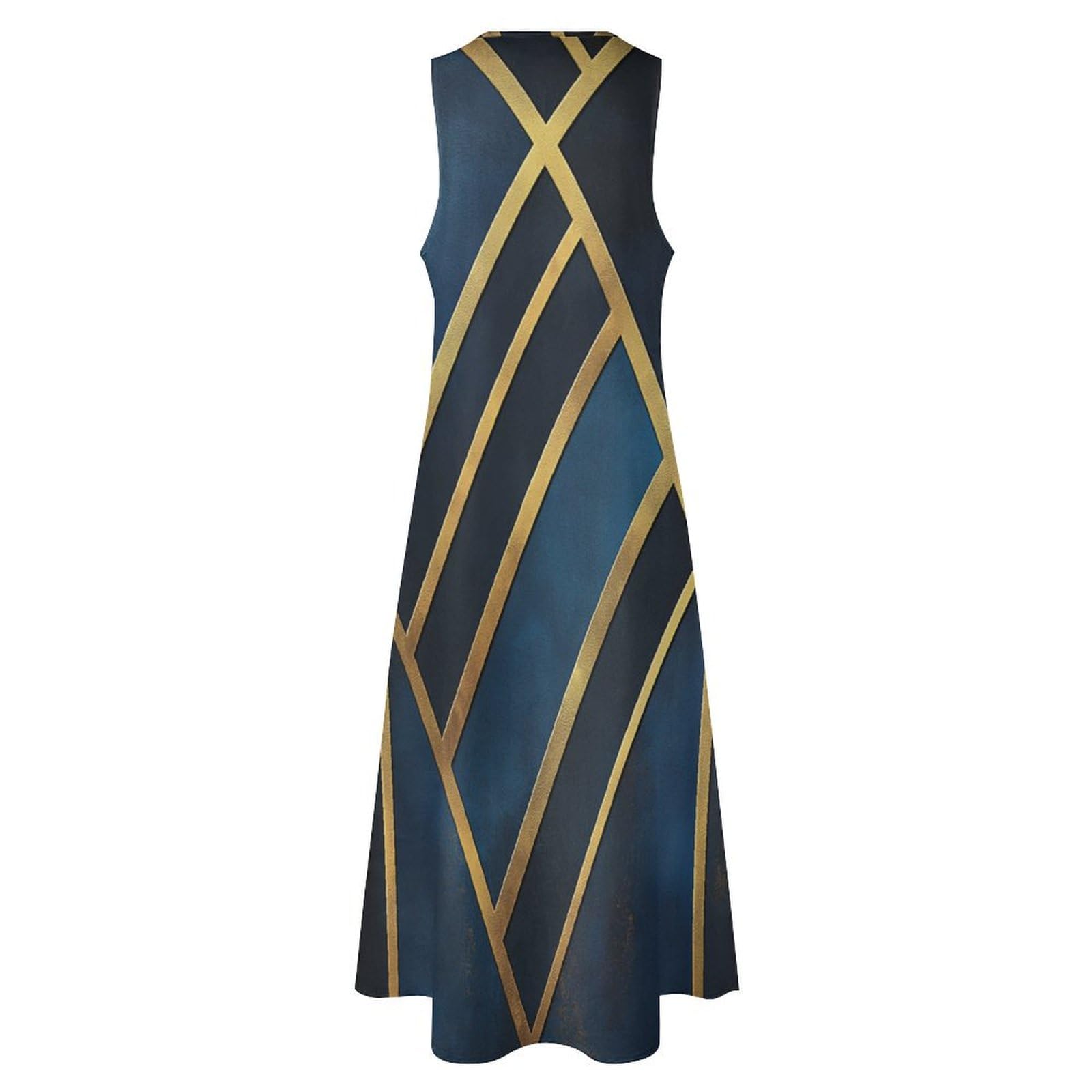Abiti Donna Estivi Linee Geometriche Casual Vestiti Lunghi Motivo Geometrico Simmetrico Senza Maniche Vestito Elegante Scollo a V Linea ad A Maxi Abito con Tasche