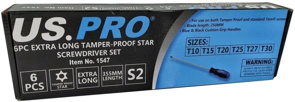 US PRO 6PC Extra Long Tamper Proof Torx Screwdrivers