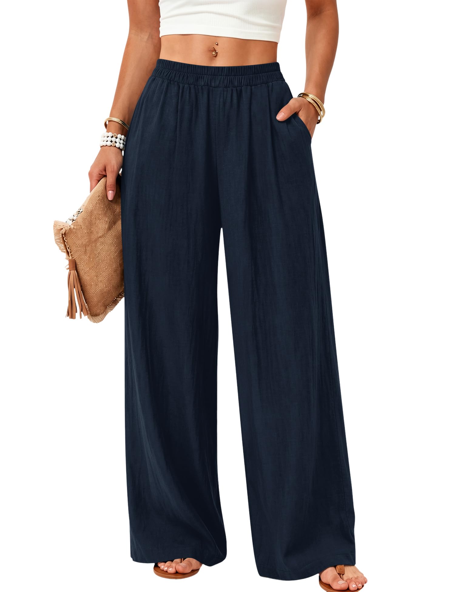 Rapbin Leinenhose Damen Sommer Sommerhose Damen Leicht Stoffhose Damen mit weitem Bein Luftige Strandhose Lässige Freizeithose Elegant Einfarbig mit Taschen